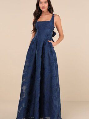 Lulus Perfected Aura Navy Jacquard Tie-back Maxi Dress With Pockets Blue